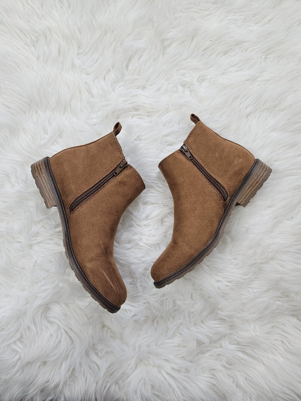 Sonoma Faux Suede Leather Ankle Boots Chelsea Cognac Orange Stacked Heel 8 Boho - Picture 5 of 8